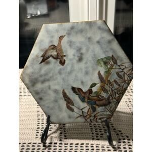 Vintage JUNIQUE Stoneware Pottery Trivet Hotpad Ducks On Pond